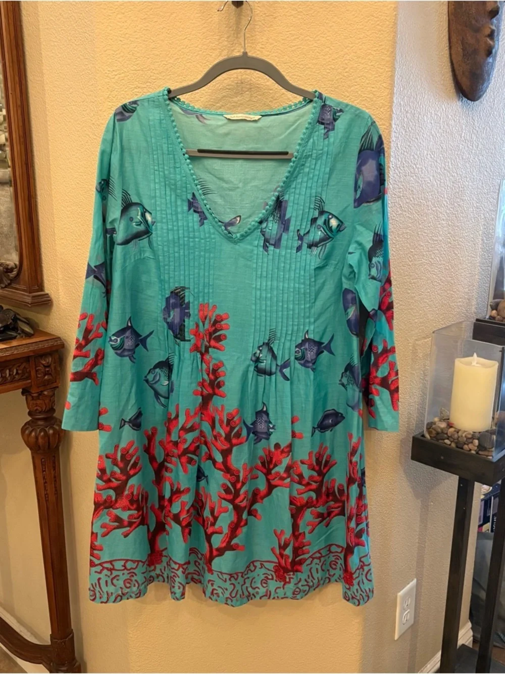 SOFT SURROUNDINGS Seychelles Coral & Fish Print V-Neck Tunic Dress Size M/L